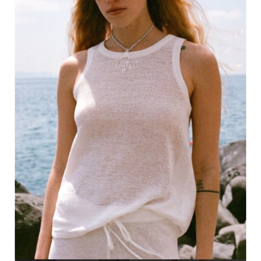 Venroy Linen Tank top crew Australia preppy babydoll Off white Medium A006193